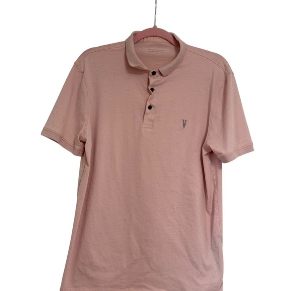 AllSaints Vidal Dusty Pink Polo Ramskull logo Mens XL - Picture 2 of 3